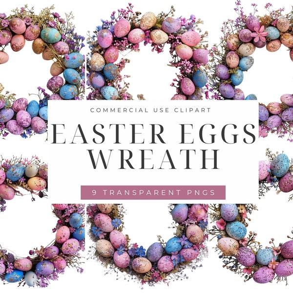 Watercolor Easter Wreath Clipart, Easter Png Design, Easter Graphics, Spring Clipart, Commercial Use, Transparent Background, 9 Pngs Bundle