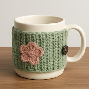 May include: A cream-colored mug with a green knitted cozy featuring a pink flower applique and a brown button closure. The cozy is designed to fit snugly around the mug, providing insulation and a decorative touch. The mug and cozy are on a wooden surface.