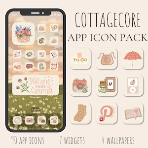 May include: A phone screen showing a Cottagecore app icon pack with 90 icons, 7 widgets, and 4 wallpapers. The icons have a soft, pastel aesthetic, featuring illustrations of flowers, a camera, and a book. The text "Just one more chapter" is visible.