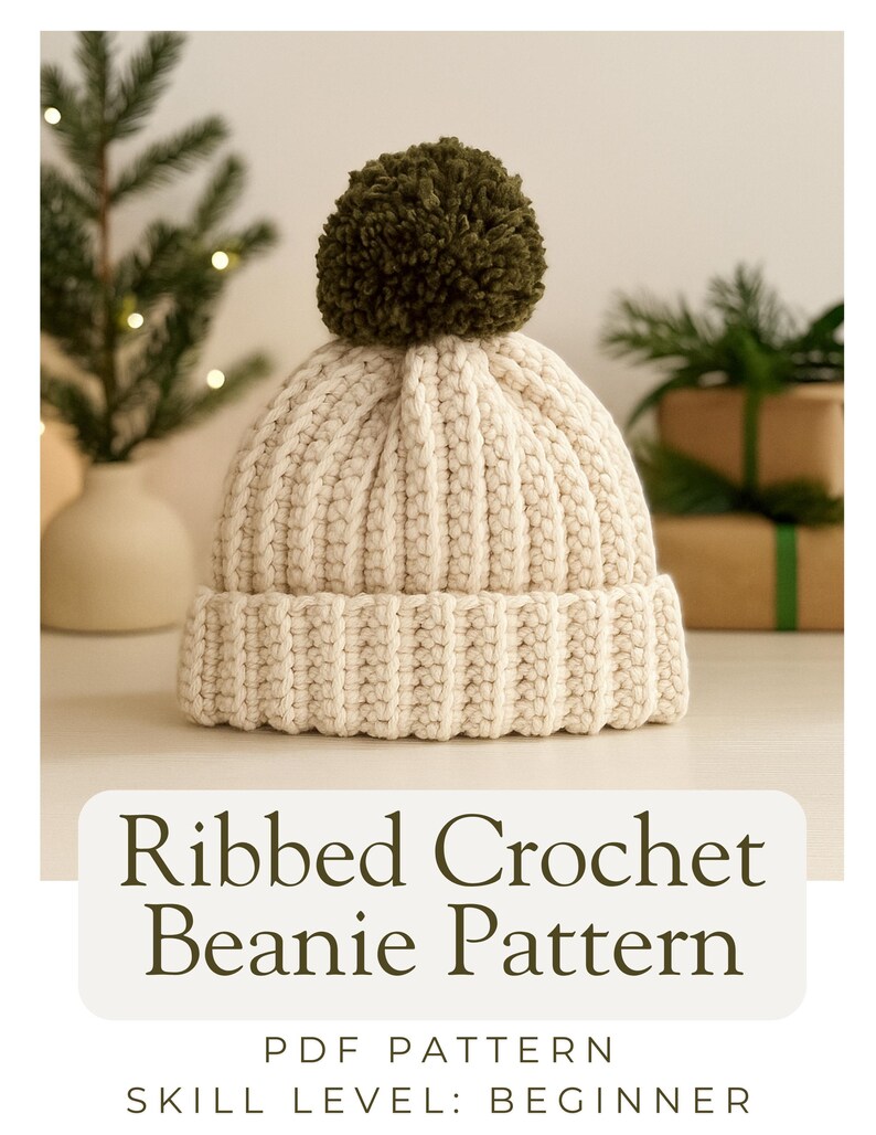 Chunky Ribbed Pom Pom Beanie Crochet Pattern, Cozy Winter Hat, Easy ...