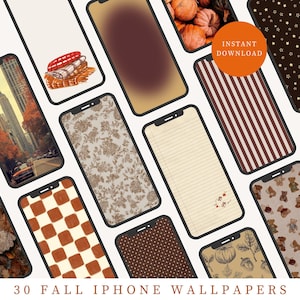 May include: A collection of 30 fall-themed iPhone wallpapers. The designs include images of pumpkins, cityscapes, floral patterns, and plaid. The wallpapers are available for instant download, as indicated by the orange circle with white text.