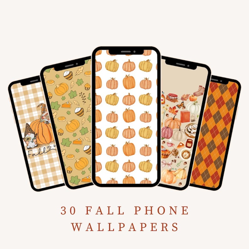 May include: Five smartphones displaying fall-themed wallpapers. The screens showcase pumpkins, autumn leaves, and other seasonal elements. The text "30 Fall Phone Wallpapers" is displayed below the phones.