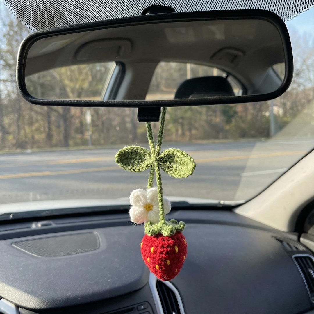 Crochet Car Hanger Pattern | Strawberry Flower Rearview Mirror Charm ...