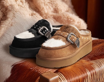 AU&MU Aumu Women's Goat Wool Flip Flops Furry Fluffy Felt Shoes Warm Comfortable Indoor Flats AUMU-N3120