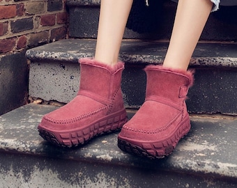 AU&MU Women's Anti-slip Sheepskin Boots, Natural Australian Sheepskin Shoes, Winter Keep warm Thickened Height Increasing Snow Boots -N3001