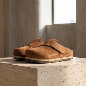 May include: A pair of brown suede clogs with a strap closure, set on a light-colored, textured surface. The clogs have a thick, light-colored sole and are displayed indoors. The brand name is visible on the side of the shoe.