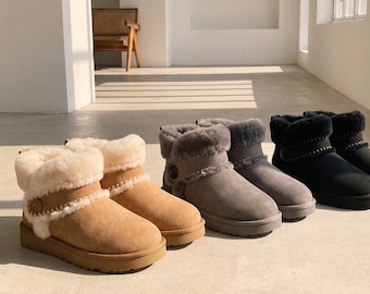 AU&MU Aumu Womens Short Winter Snow Boots Classic Thermal Fur Boot Furry Fluffy Warm