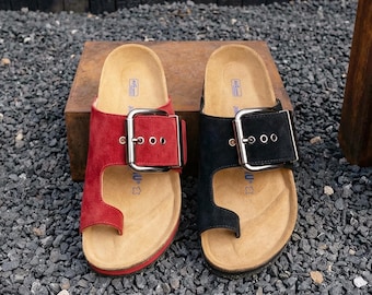 AU&MU Men's/Women's Genuine Leather Bohemia Slide Sandals, Oak Sole Summer Footwear