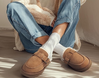 AU&MU Aumu Women's Goat Leather Flip Flops Furry Fluffy Felt Shoes Warm Comfortable Indoor Flats AUMU-N687