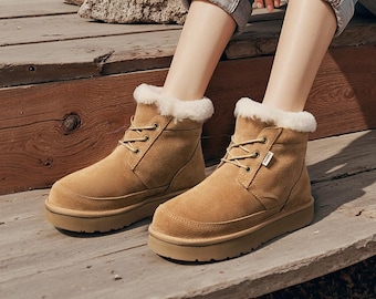 AU&MU Couple's Short Sheepskin Boots Chestnut / Grey / Black Natural Australian Sheepskin Shoes Warm Comfy Winter Footwear -N3118
