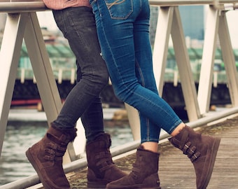 AU&MU Couple's Anti-slip Sheepskin Boots, Natural Australian Sheepskin Shoes, Winter Keep warm Thickened Height Increasing Snow Boots -N310