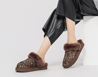 AU&MU Aumu Women's Leopard Print Flip Flops Furry Fluffy Felt Shoes Warm Comfortable Indoor Flats AUMU-N3146