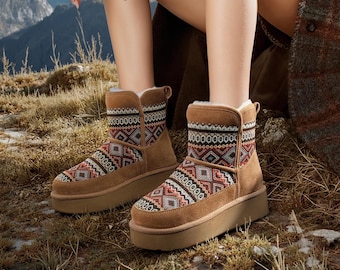 AU&MU Aumu Women's Short Snow Boots Wool lined insulated snow boots Thick soled anti-slip snow boots -N3005