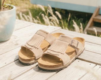 AU&MU Women’s Genuine Leather Bohemia Slide Sandals, Oak Sole Summer Indoor slippers