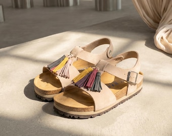 AU&MU  Women's Genuine Leather Bohemia Slide Sandals, Oak Sole Summer Footwear