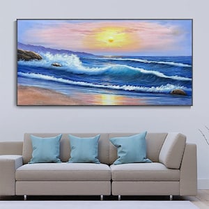 Big ocean sunset painting beach painting coastal painting Large wall art blue abstract painting blue abstract art canvas sky painting