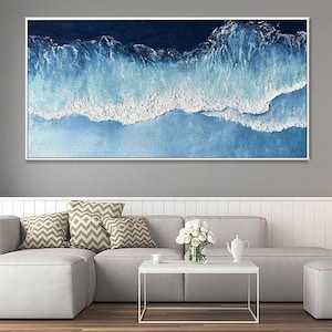 キャンバスに描かれたオリジナルの青い海の絵画 テクスチャードウォールアート ファッションウォールデコレーション リビングルームウォールアート カスタムキャンバスウォールアート パーソナライズギフト