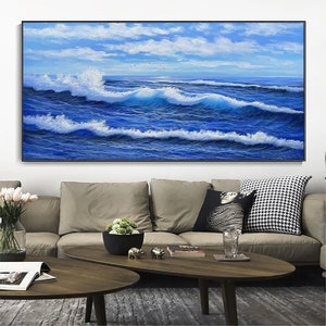 キャンバスに描かれたオリジナルの青い海の絵画 テクスチャードウォールアート ファッションウォールデコレーション リビングルームウォールアート カスタムキャンバスウォールアート パーソナライズギフト