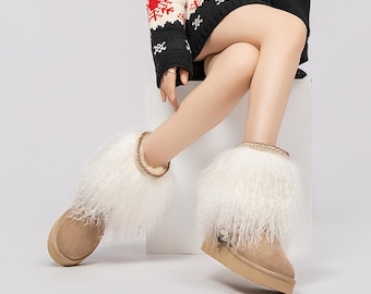 AU&MU AUMU Women's Goat wool Warm Boot Furry Fluffy Short Snow Boot Sheep Insole -N3119