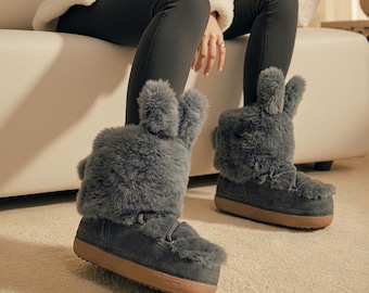 AU&MU Aumu Womens Comfort Suede Fur Shearling Stylish Knee High Winter Snow Boots Women Goat Fleece Warm Snow Boots -N3150