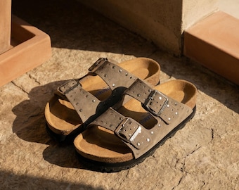 AU&MU Men's/Women's Genuine Leather Bohemia Slide Sandals, Oak Sole Summer Platform Sandals Footwear