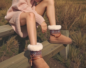 AU&MU Aumu Women's Casual Snow Boots Genuine Leather with Wool Lining Thick Sole Short Snow Boots -N3006