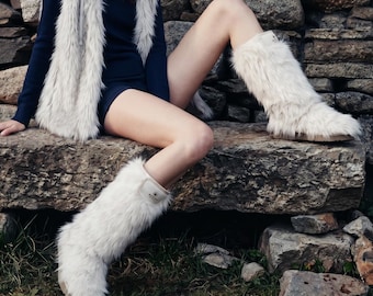 AU&MU Shaggy Faux Fur Furry Long Hair Fur Boots Women Warm Winter Outdoor Snow Boot
