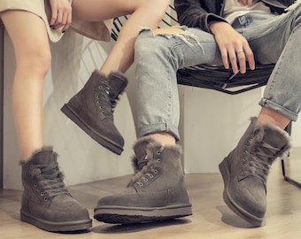 AU&MU Couple's Short Sheepskin Boots Chestnut / Grey / Chocolate / Black Natural Australian Sheepskin Shoes Warm Comfy Winter Footwear-N1920