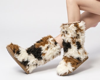AU&MU Aumu Womens Comfort Suede Fur Shearling Stylish Knee High Winter Snow Boots Women Goat Fleece Warm Snow Boots -N615