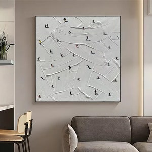 Original Ski Sport Painting on Canvas Custom Painting Texture Wall Art Personalized Gift Skier on Snowy Mountain Art White Snow Skiing Art