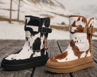 AU&MU Women Tradional Wooden Bead String Sheepskin Fur Shearling Stylish Knee Platform Short Winter Snow Boots