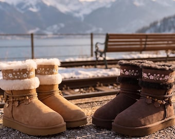 AU&MU Womens Comfort Suede Fur Shearling Stylish Platform Short Winter Winter Snow Boots
