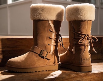 AU&MU Women Warm Sheepskin Fur Shearling Stylish Knee High Winter Snow Boots