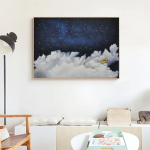 Original weiße Wolke Wandkunst Nachthimmel blaue Wandkunst abstrakte Kunst Malerei minimalistische Wandkunst Indigo Kunst blauer Himmel Wandkunst