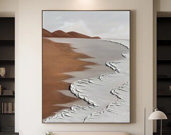 3D Minimalist Ocean Painting on Canvas Textured Wall Art Earth Tone ...