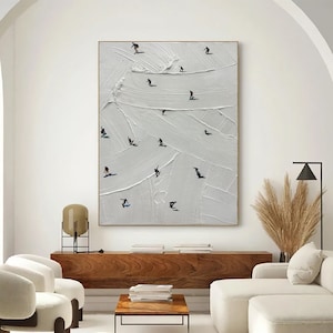 Original Ski Sport Painting on Canvas Custom Painting Texture Wall Art Personalized Gift Skier on Snowy Mountain Art White Snow Skiing Art