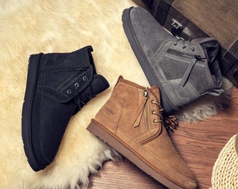AU&MU Couple's Short Sheepskin Boots Chestnut / Grey / Black Natural Australian Sheepskin Shoes Warm Comfy Winter Footwear-N221