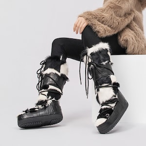 AU&MU Aumu Women's Moccasin Genuine Fur Boot Furry Fluffy Mid-Calf Boots Warm Comfortable Outdoor Snow Boots AUMU-N3131