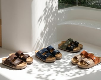 AU&MU  Women's Genuine Leather Bohemia Slide Sandals, Oak Sole Summer Non-slip Footwear