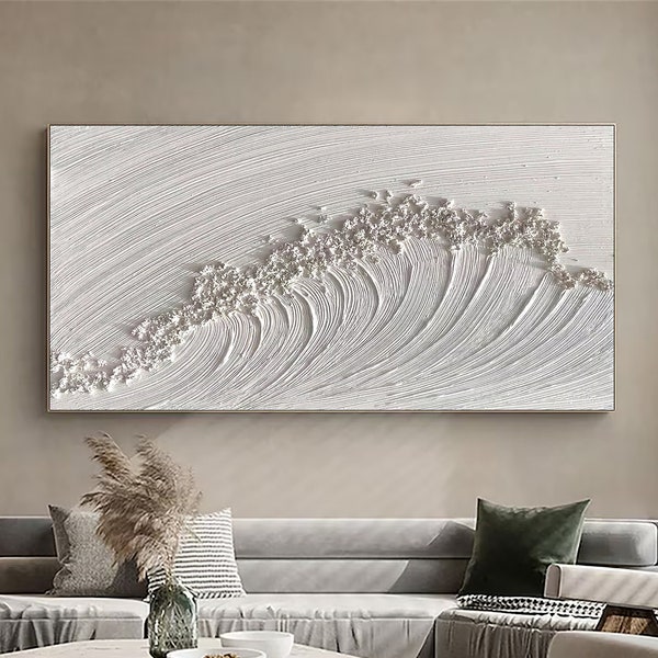 3D Texture Surf Art, Neutral Tones Wave Painting, Beige and White Bedroom Wall Art, Modern Impasto Ocean Canvas, Minimalist Sea Wave Art
