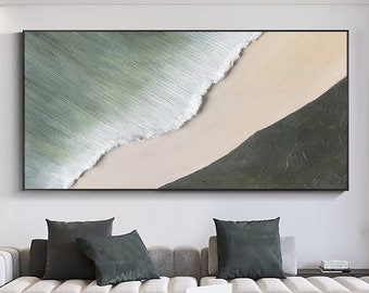 Green 3D Minimalist Beach Painting Textured Wall Art Ocean Wave Painting on Canvas Wabi-Sabi Wall Art Living Room Painting Fashion Decor