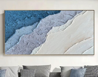 3D Minimalist Blue Ocean Painting on Canvas Earth Tone Waves Art Texture Wall Art Wabi-Sabi Wall Art Living Room Painting Fashion Room Decor
