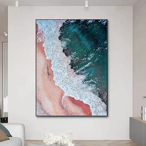 Grande 3D texturizado arte de parede costeira emoldurada pintura de praia verde oceano pintura acrílica abstrata mar arte de parede praia pintura em tela decoração de parede