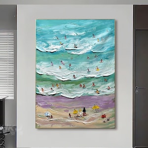Summer Happy Coast Painting Swimming Painting Custom Painting Texture Wall Art Personalized Gift Costal Art Crowds on the Shore Painting