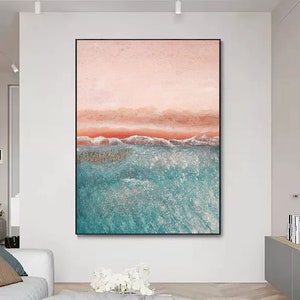 Large 3D Textured Coastal Wall Art Framed Green Beach Painting Ocean Acrylic Painting Abstract Sea Wall Art Beach Canvas Painting Wall Decor