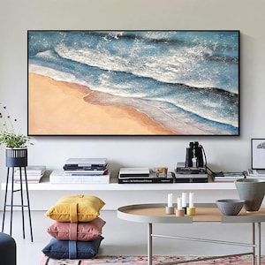 キャンバスに描かれたオリジナルの青い海の絵画 テクスチャードウォールアート ファッションウォールデコレーション リビングルームウォールアート カスタムキャンバスウォールアート パーソナライズギフト