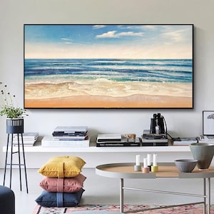 キャンバスに描かれたオリジナルの青い海の絵画 テクスチャードウォールアート ファッションウォールデコレーション リビングルームウォールアート カスタムキャンバスウォールアート パーソナライズギフト