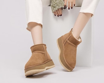 AU&MU Women's Sheepskin Boots, Natural Australian Sheepskin Shoes, Warm Winter Footwear Winter Thickened Height Increasing Snow Boots -N3115