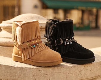 AU&MU Womens Classic Thermal Mid Calf Thickening Platform Short Winter Snow Boots