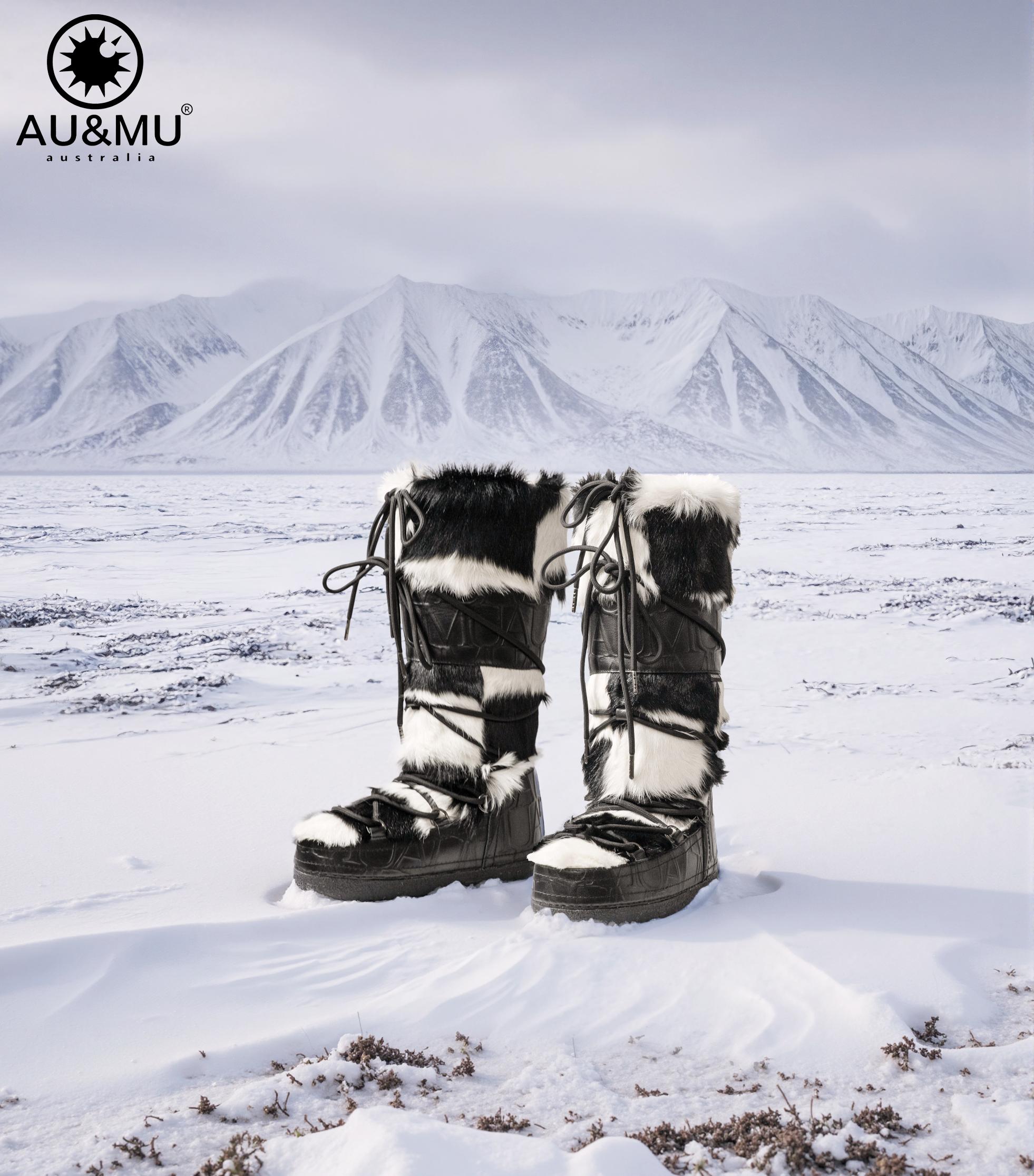 AU&MU Aumu Women's Moccasin Genuine Fur Boot Furry Fluffy Mid-calf